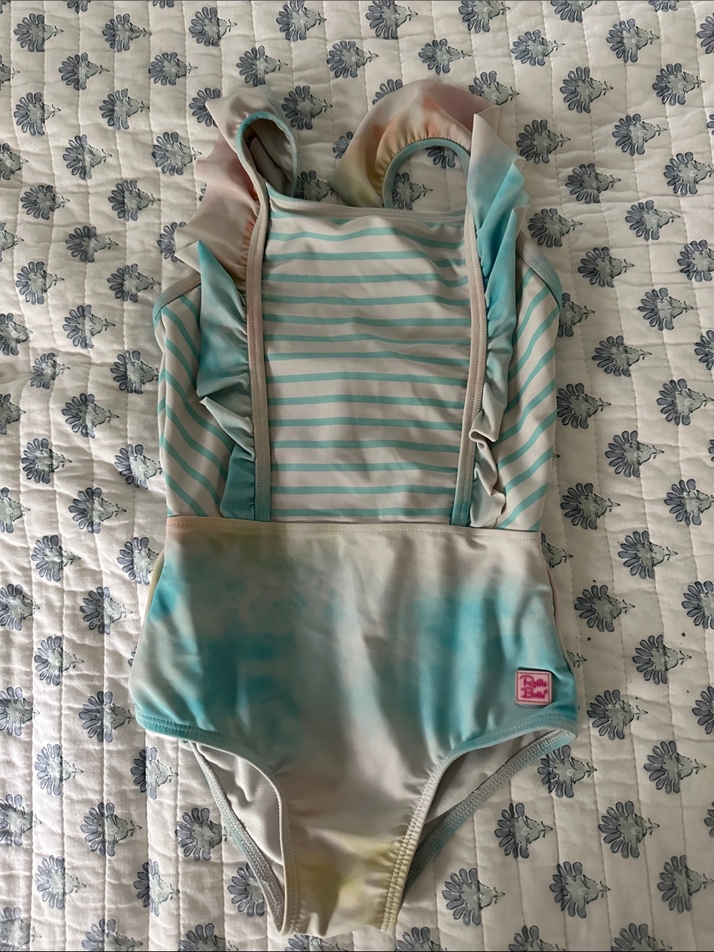 Ruffle Butts Girls Swimsuit in Aqua, pink and yellow